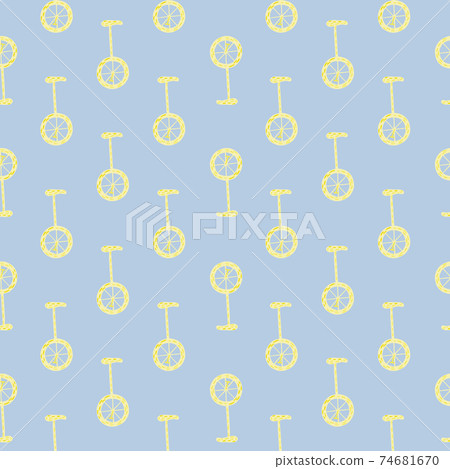 Little yellow bicycle ornament seamless pattern in hand drawn style. Blue background. Simple design. Little yellow bicycle ornament seamless pattern in hand drawn style. Blue background. Simple design. 74681670