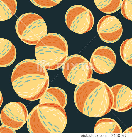 Random seamless pattern with light orange colored beach ball elements. Dark navy blue background. Random seamless pattern with light orange colored beach ball elements. Dark navy blue background. 74681671