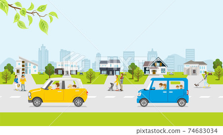 Spring residential area, fresh green car, with people Spring residential area, fresh green car, with people 74683034