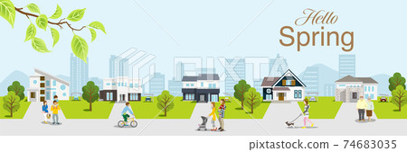 春天的居民區,鮮綠色,有人,水平長字母,“ Hello Spring” 春天的居民區,鮮綠色,有人,水平長字母,“ Hello Spring” 74683035