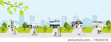 春季居住區，鮮綠色，有人，水平長 74683036