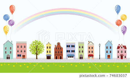 Townscape of foreign-style buildings with rainbow and balloons Townscape of foreign-style buildings with rainbow and balloons 74683037