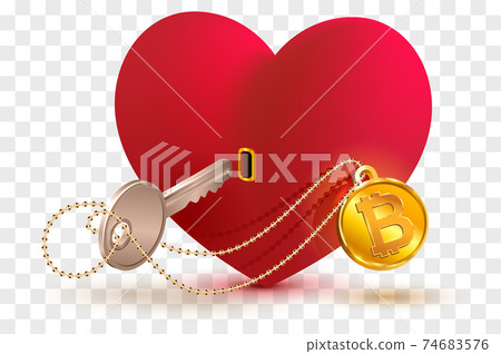 Bitcoin coin key to heart. Conceptual drawing symbol love red heart shape 74683576