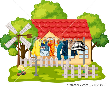 Front of house with clothes hanging on clotheslines Front of house with clothes hanging on clotheslines 74683859