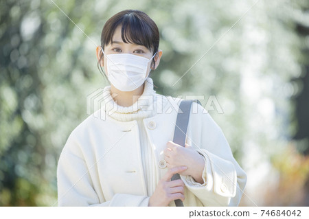 Woman in coat mask Woman in coat mask 74684042