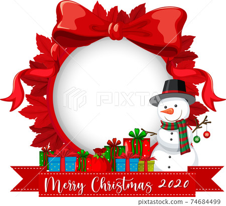 Red ribbon frame with Merry Christmas 2020 font logo and snowman cartoon character 74684499