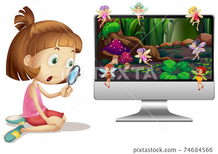 A cute girl with fairy tale on computer background 74684566