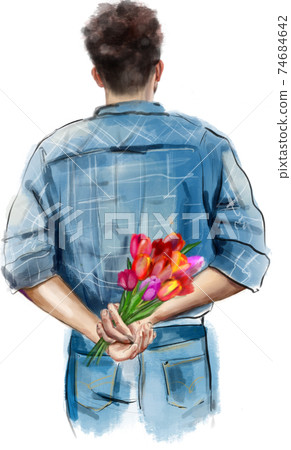 watercolor illustration of a man holding a bouquet of tulips behind his back. Poster design. Business design. Festive background, poster. Business card. watercolor illustration of a man holding a bouquet of tulips behind his back. Poster design. Business design. Festive background, poster. Business card. 74684642