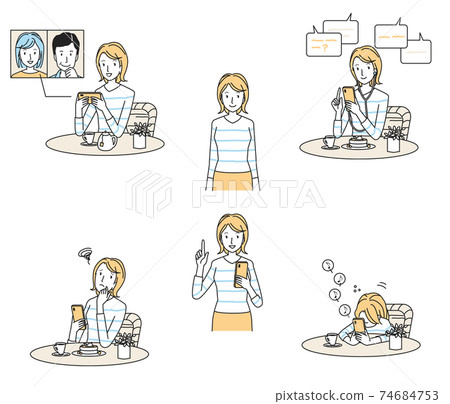 Various young women teleworking at a cafe 74684753