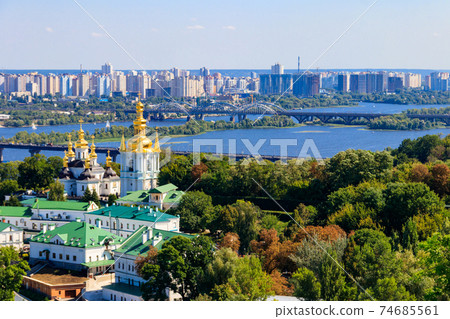 View of Kiev Pechersk Lavra (Kiev Monastery of the Caves) and the Dnieper river in Ukraine. View from Great Lavra Bell Tower View of Kiev Pechersk Lavra (Kiev Monastery of the Caves) and the Dnieper river in Ukraine. View from Great Lavra Bell Tower 74685561
