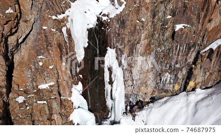Freezing waterfall in the snowy mountains. Freezing waterfall in the snowy mountains. 74687975