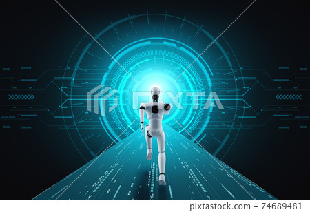Running robot humanoid showing fast movement and vital energy 74689481