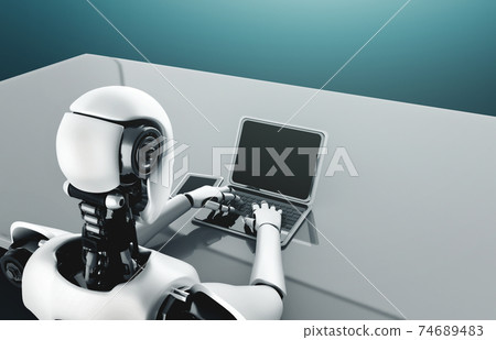 Robot humanoid use laptop and sit at table in future office Robot humanoid use laptop and sit at table in future office 74689483