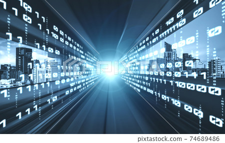 Digital data flow on road with motion blur to create vision of fast speed transfer Digital data flow on road with motion blur to create vision of fast speed transfer 74689486