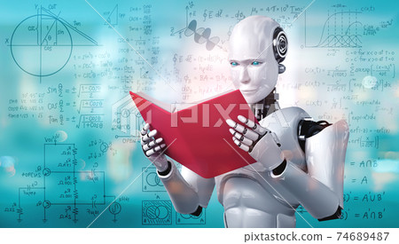 3D illustration of robot humanoid reading book and solving math 3D illustration of robot humanoid reading book and solving math 74689487