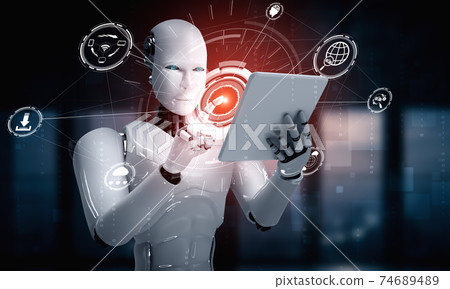 Robot humanoid using tablet computer for global network connection 74689489