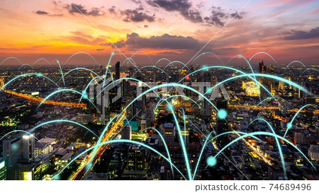 Smart digital city with globalization abstract graphic showing connection network 74689496