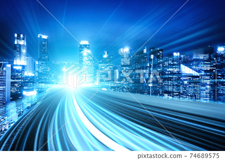 Digital data flow on road with motion blur to create vision of fast speed transfer 74689575