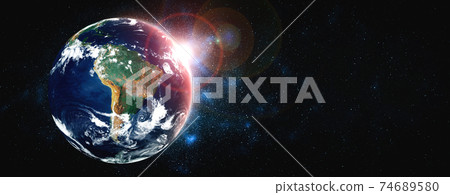 Planet earth globe view from space showing realistic earth surface and world map 74689580