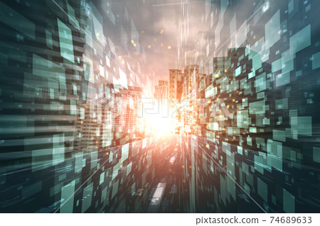 Digital data flow on road with motion blur to create vision of fast speed transfer Digital data flow on road with motion blur to create vision of fast speed transfer 74689633