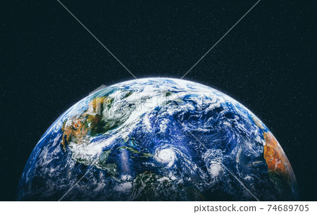 Planet earth globe view from space showing realistic earth surface and world map Planet earth globe view from space showing realistic earth surface and world map 74689705