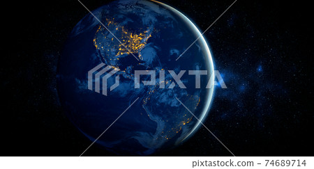 Planet earth globe view from space showing realistic earth surface and world map 74689714