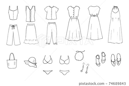 Ladies fashion summer icon line art set Ladies fashion summer icon line art set 74689843