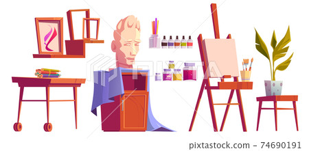 Artist studio stuff canvas on easel, paint, brush Artist studio stuff canvas on easel, paint, brush 74690191