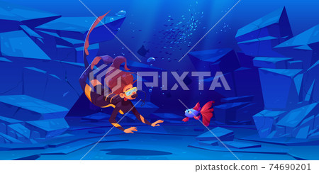 Woman scuba diver with mask look at cute fish 74690201