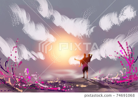 Digital painting couples stood watching sunsets Digital painting couples stood watching sunsets 74691068