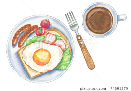 Western-style breakfast with coffee [Hand-painted watercolor] 74691379