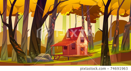 Wooden stilt house in autumn forest, old shack Wooden stilt house in autumn forest, old shack 74691963