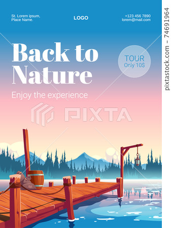 Wooden pier on lake with forest and mountains Wooden pier on lake with forest and mountains 74691964