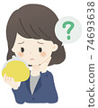 Illustration of a woman in a suit holding a wallet (question) 74693638