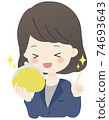 Illustration of a woman in a suit holding a wallet (smiling) 74693643
