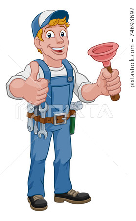 Plumber Cartoon Plumbing Drain Plunger Handyman 74693692