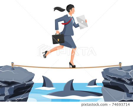 Businesswoman walking tightrope over shark in sea Businesswoman walking tightrope over shark in sea 74693714