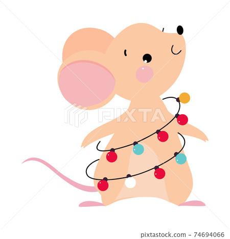 Cute Mouse with Pointed Snout and Rounded Ears Standing with Garland Wrapped Around Its Body Vector Illustration Cute Mouse with Pointed Snout and Rounded Ears Standing with Garland Wrapped Around Its Body Vector Illustration 74694066