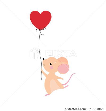 Cute Mouse with Pointed Snout and Rounded Ears Holding Rope of Red Toy Balloon Vector Illustration Cute Mouse with Pointed Snout and Rounded Ears Holding Rope of Red Toy Balloon Vector Illustration 74694068