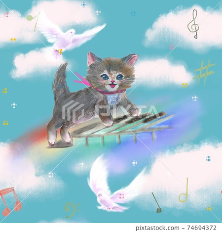 Seamless pattern A cute illustration of a kitten playing on a piano keyboard in the blue sky and white clouds 74694372
