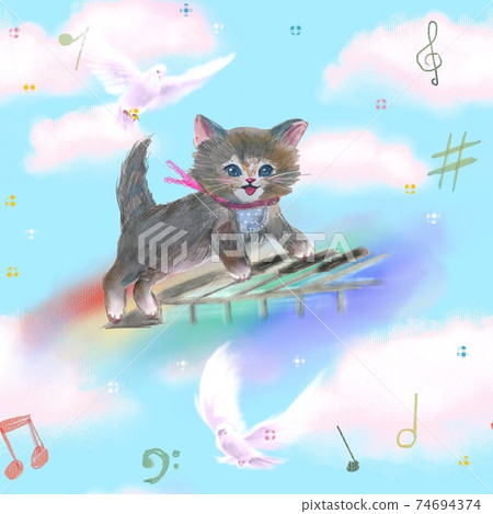 Seamless pattern A cute illustration of a kitten playing on a piano keyboard in the blue sky and white clouds 74694374