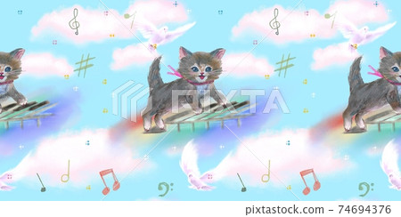 Seamless pattern A cute illustration of a kitten playing on a piano keyboard in the blue sky and white clouds 74694376