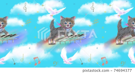 Seamless pattern A cute illustration of a kitten playing on a piano keyboard in the blue sky and white clouds 74694377