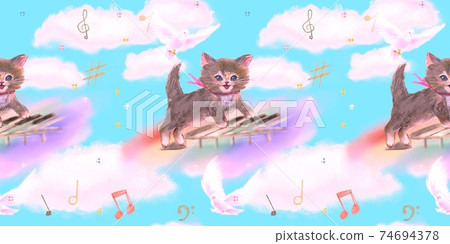 Seamless pattern A cute illustration of a kitten playing on a piano keyboard in the blue sky and white clouds 74694378