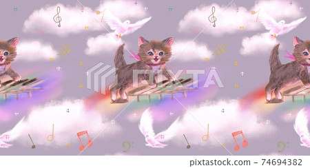 Seamless pattern A cute illustration of a kitten playing on a piano keyboard in the blue sky and white clouds 74694382