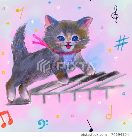 Seamless pattern A cute illustration of a kitten playing on a piano keyboard in the blue sky and white clouds 74694394