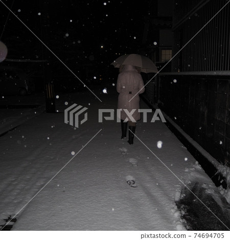 A woman walking on a snowy road at night wearing boots and a white coat A woman walking on a snowy road at night wearing boots and a white coat 74694705