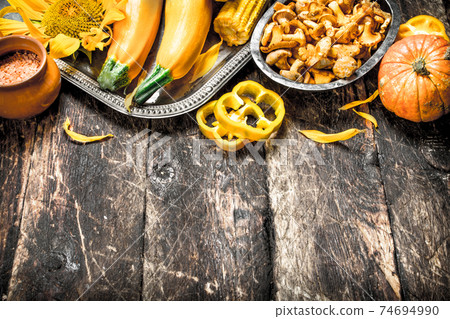 Organic food. Fresh mushrooms with vegetables. Organic food. Fresh mushrooms with vegetables. 74694990