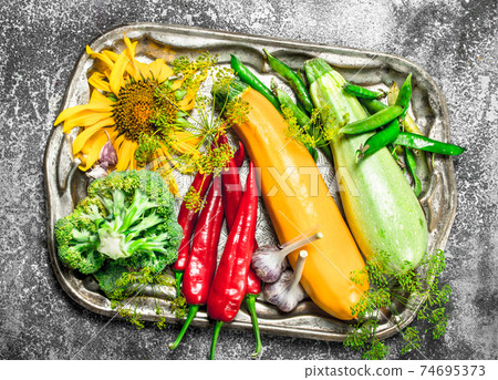 Organic food. Fresh vegetables on a steel tray. Organic food. Fresh vegetables on a steel tray. 74695373