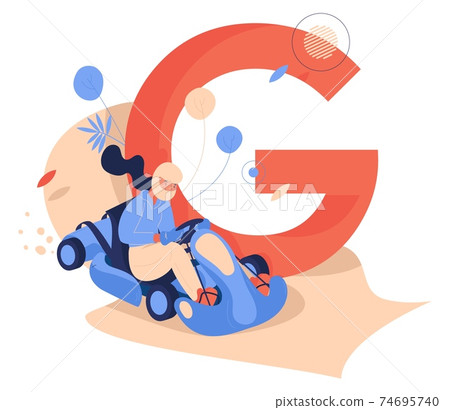 Concept illustration with woman in helmet riding go-karting car and capital letter G on background. Vector scene drawn in blue and orange Concept illustration with woman in helmet riding go-karting car and capital letter G on background. Vector scene drawn in blue and orange 74695740